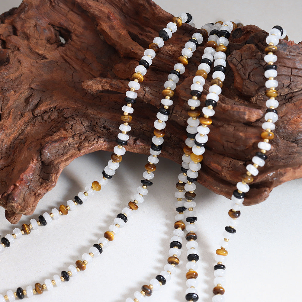 Luxurious Retro Ethnic Style Handmade White Jade and Tiger's Eye Beaded Necklace