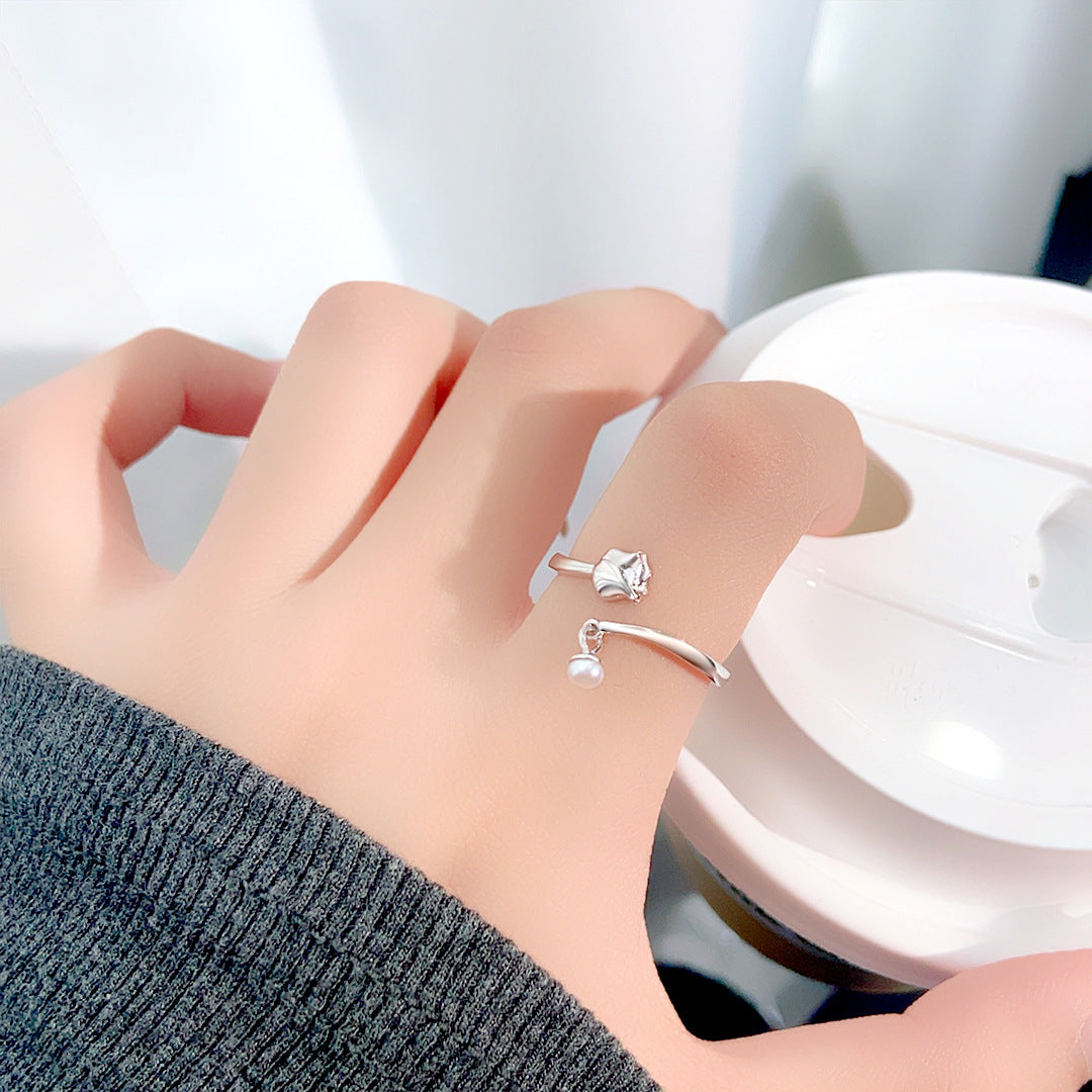 S925 Sterling Silver Freshwater Pearl Rose Ring — Adjustable