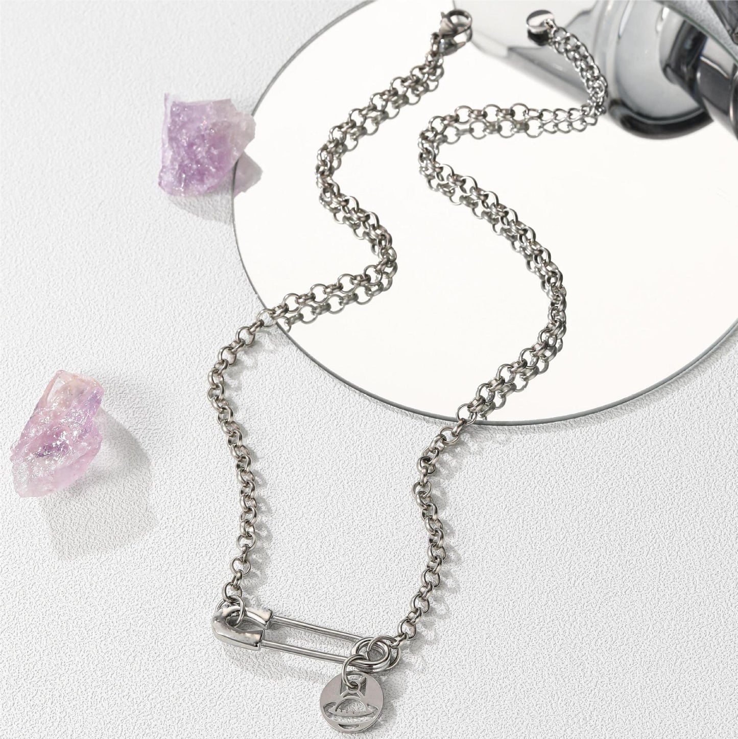 Planderful Jewelry Saturn Pendant Necklace in Titanium Steel, Clavicle Chain, Modern Punk Luxury