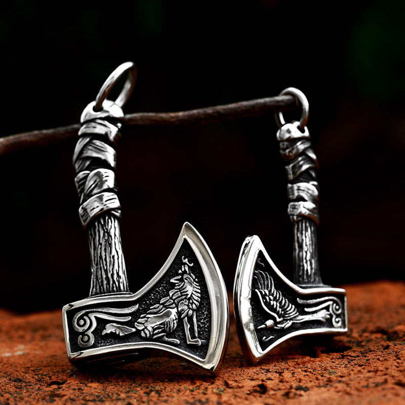 Nordic Viking Wolf Head Titanium Steel Pendant – Stainless Steel Celtic Knot Axe Necklace