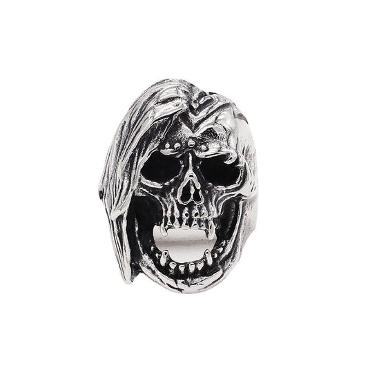 Halloween Long Hair Skull Titanium Steel Ring for Men