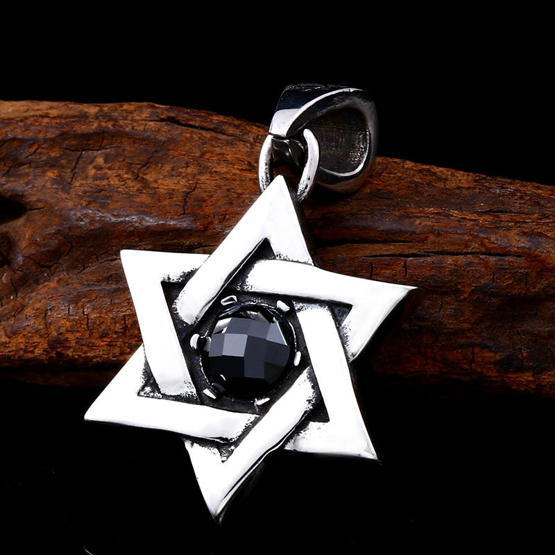 Gothic Hexagram Titanium Steel Pendant with Stone, Retro Personalized Design for Men
