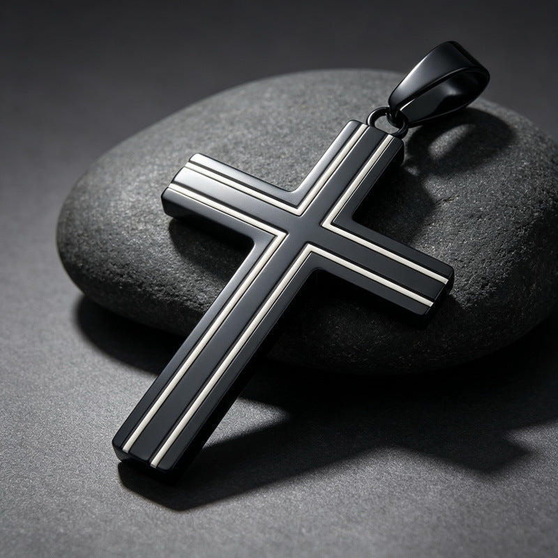 Versatile Double-Line Groove Dripping Oil Contrasting Cross Pendant, Stainless Steel Men's Pendant On Necklace