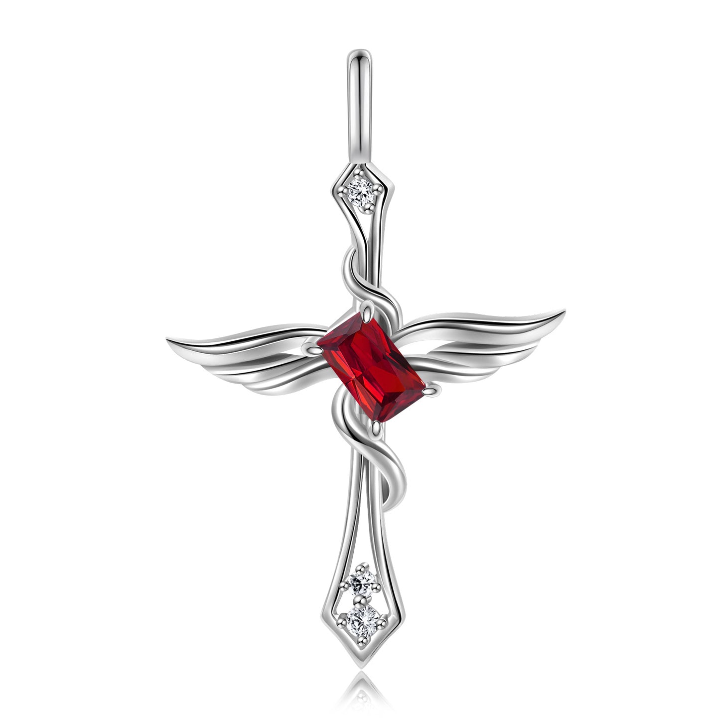 Colourful Radiant Cut Zircon Angle Wings Cross Pendant Silver Necklace