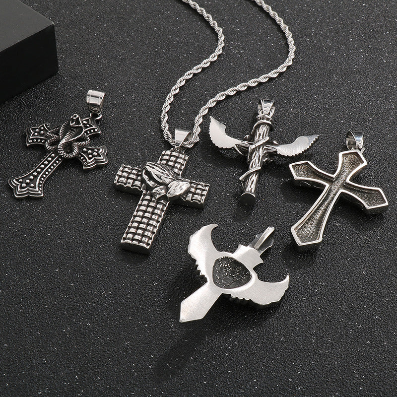 Flying Wings Pendant, Gothic Lion Head Rose Cross Wings Titanium Steel Men's Pendant Necklace