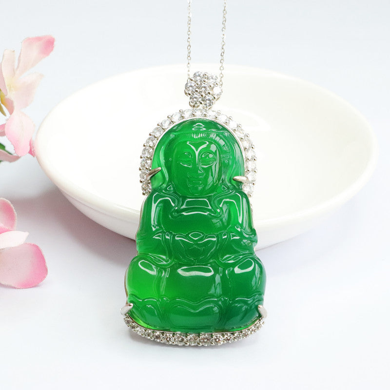 Green Chalcedony Guanyin Pendant Zircon Necklace Jewelry