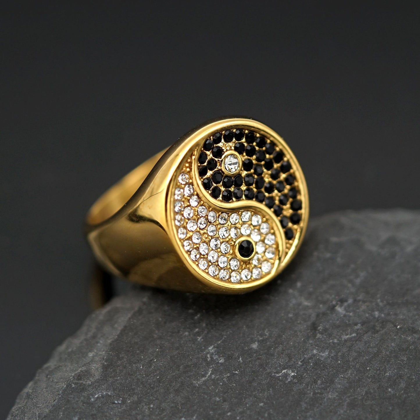 Planderful Retro Tai Chi Ring Stainless Steel With Black White Zircon Unisex Durable Gift For Him And Her