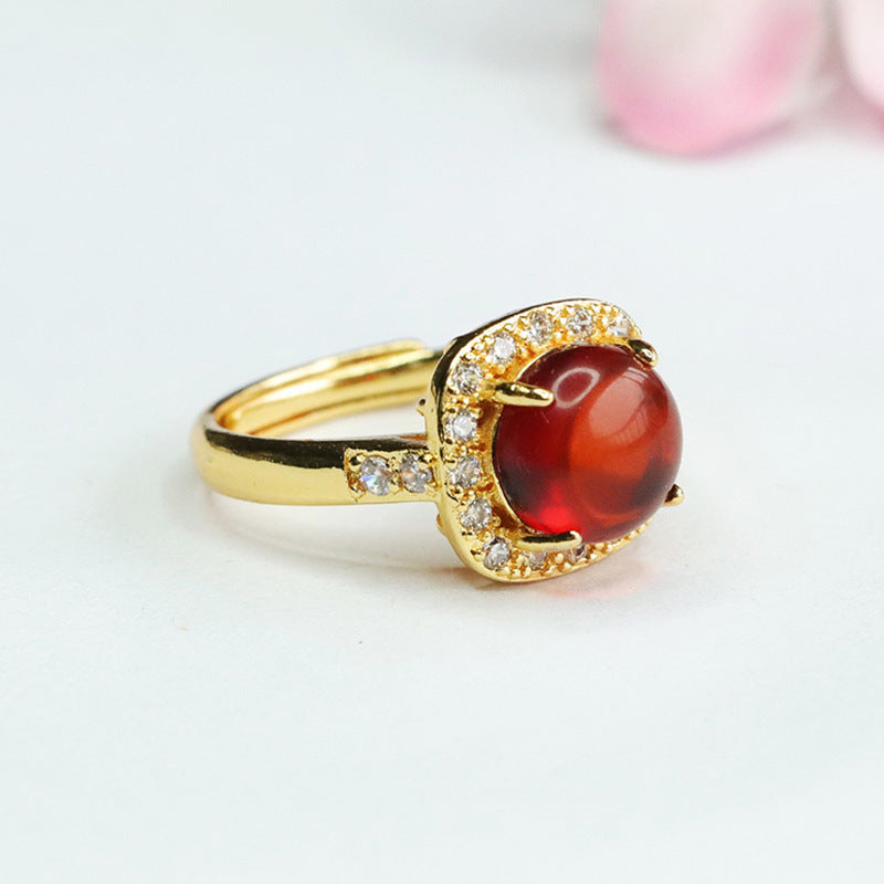Round Blood Amber Ring with Zircon Halo Jewelry