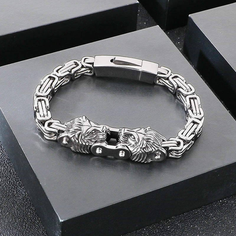 Oxidized Lion Head Emperor Chain Titanium Steel Men's Bracelet