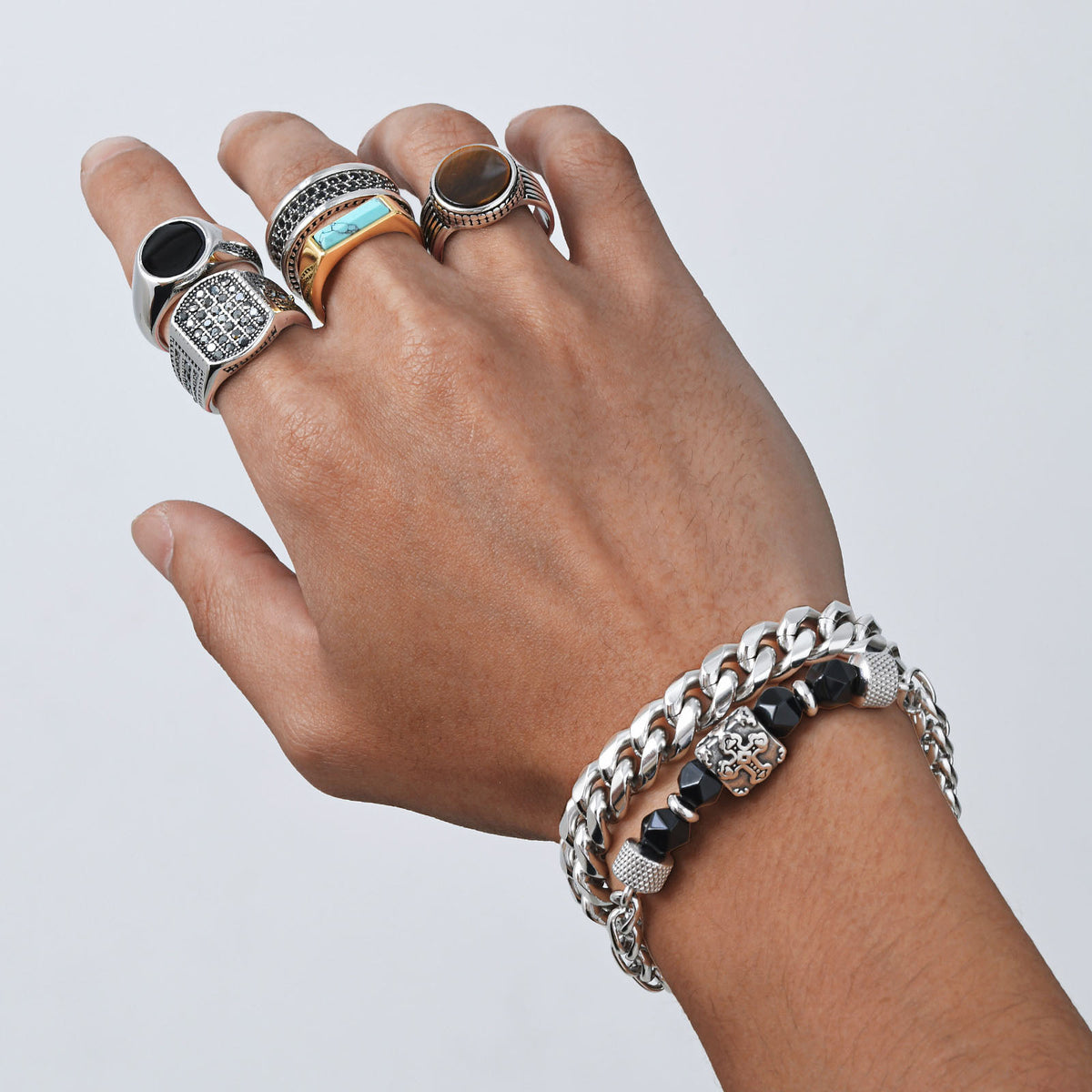 Stainless Steel Hip Hop Zircon Tiger's Eye Ring and Bracelet Men's Turquoise Wear