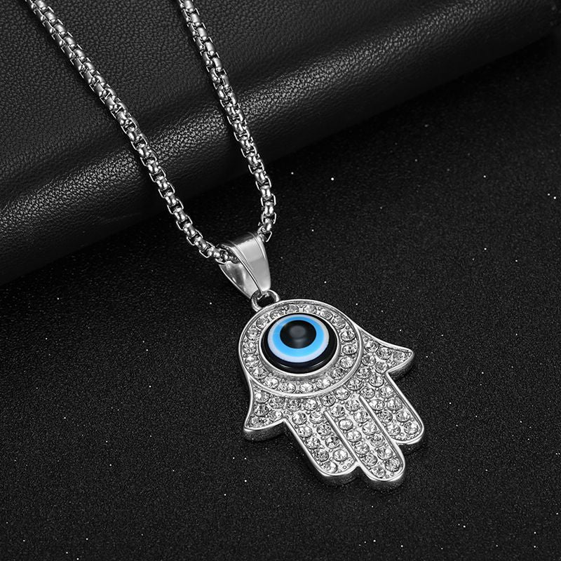 Planderful Fatima Hand Necklace Gold Plated Titanium Steel Rhinestone Blue Eye Hip Hop Pendant For Fashion Lovers