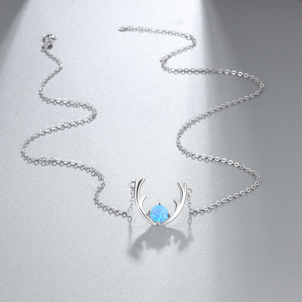 Planderful Jewelry Blue Opal Necklace Elk Pendant