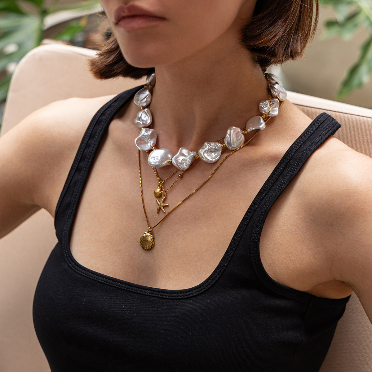 Ocean Special-Shaped Pearl Shell Beaded Necklace Starfish Stacked With Stainless Steel Thin
