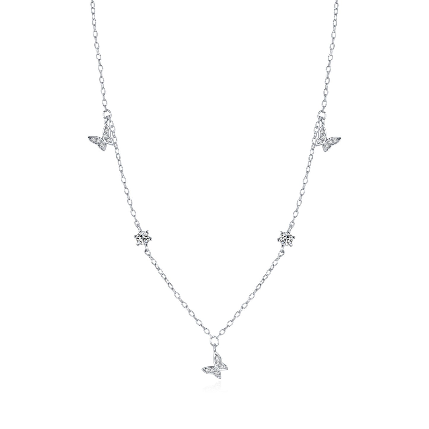 Planderful Everyday Genie S925 Sterling Silver Butterfly Dance Necklace – Cute Shiny Full Zircon Collarbone Chain
