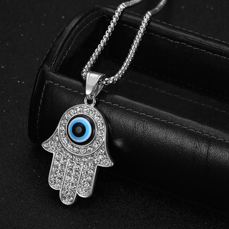 Planderful Fatima Hand Necklace Gold Plated Titanium Steel Rhinestone Blue Eye Hip Hop Pendant For Fashion Lovers