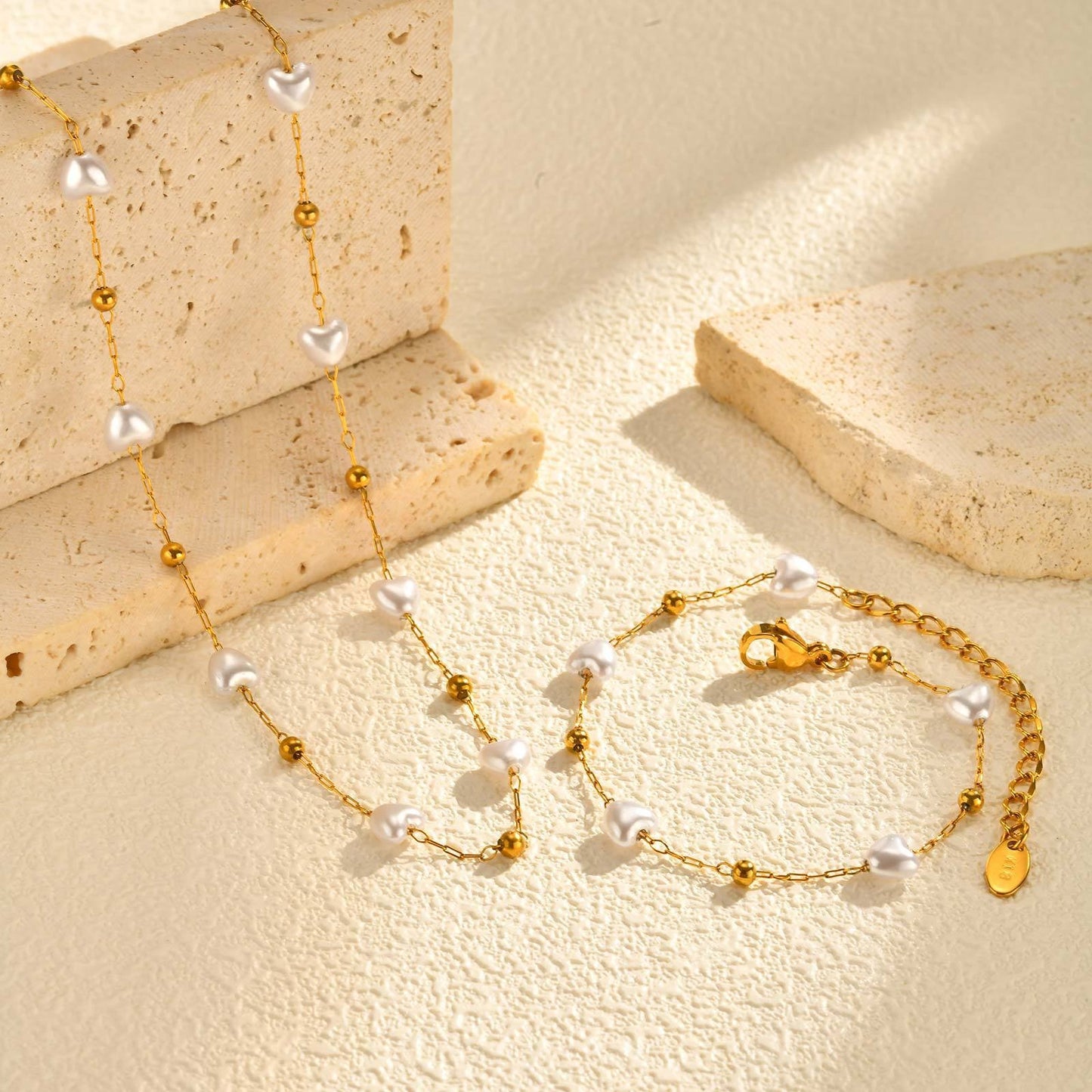 Stainless Steel Round Bead Heart Imitation Pearl Necklace Bracelet Gold Ladies Elegant