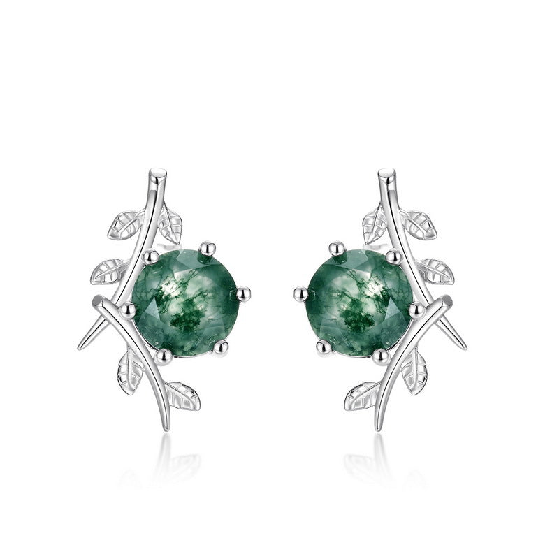 S925 Sterling Silver Moss Agate Olive Branch Stud Earrings