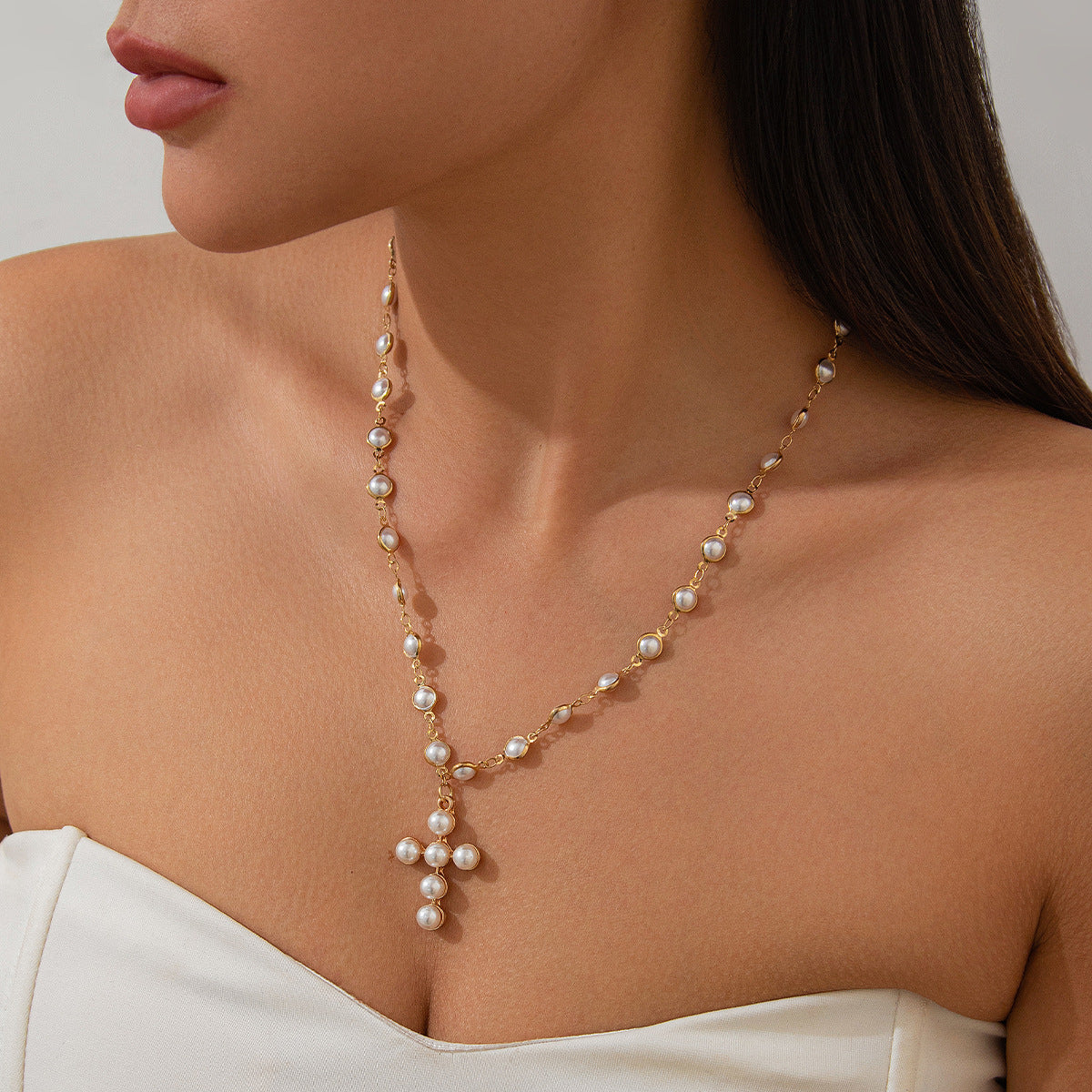 Pearl-Style Cross Pendant Necklace