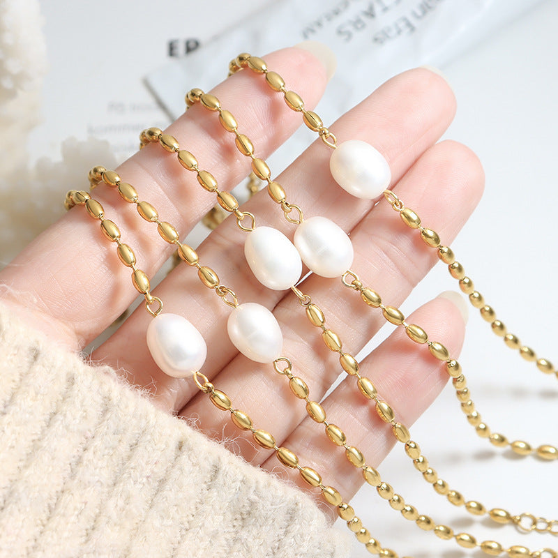 Korean Freshwater Pearl and Metal Chain Bracelet with Rice Beads - Elegant and Timeless Jewelry Piece