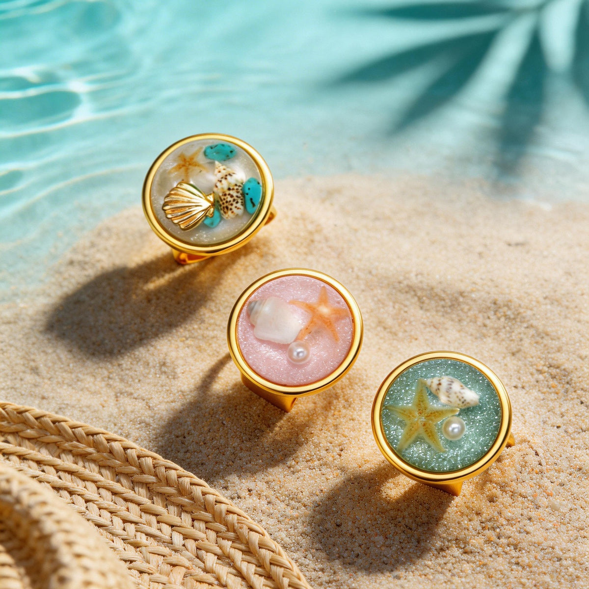 French Stainless Steel Resin Ocean Turquoise Starfish Pearl Opening Women's Ring
