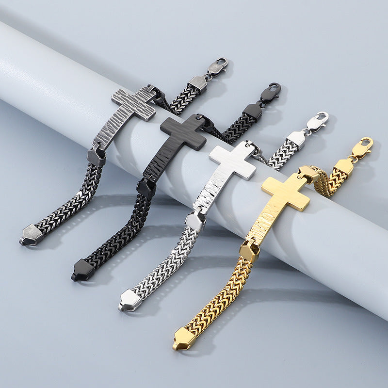 Double-Row Keel Chain Bracelet – Hammer Pattern Texture Bending Brand Cross – Stainless