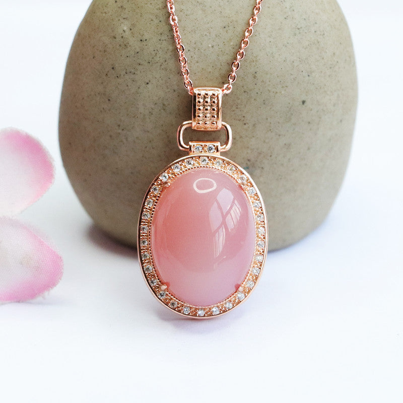 Natural Pink Agate Pigeon Eggs Pendant Necklace with Zircon Halo in S925 Silver