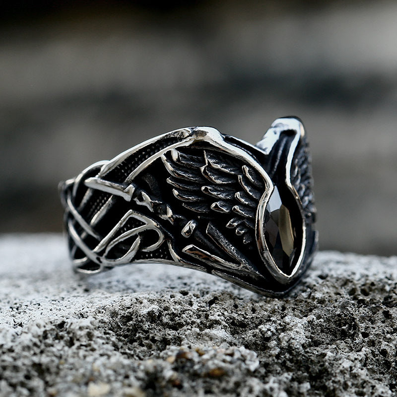 Retro Titanium Steel Men's Ring with Gemstone Inlay - European and American Style Jewelry by Planderful