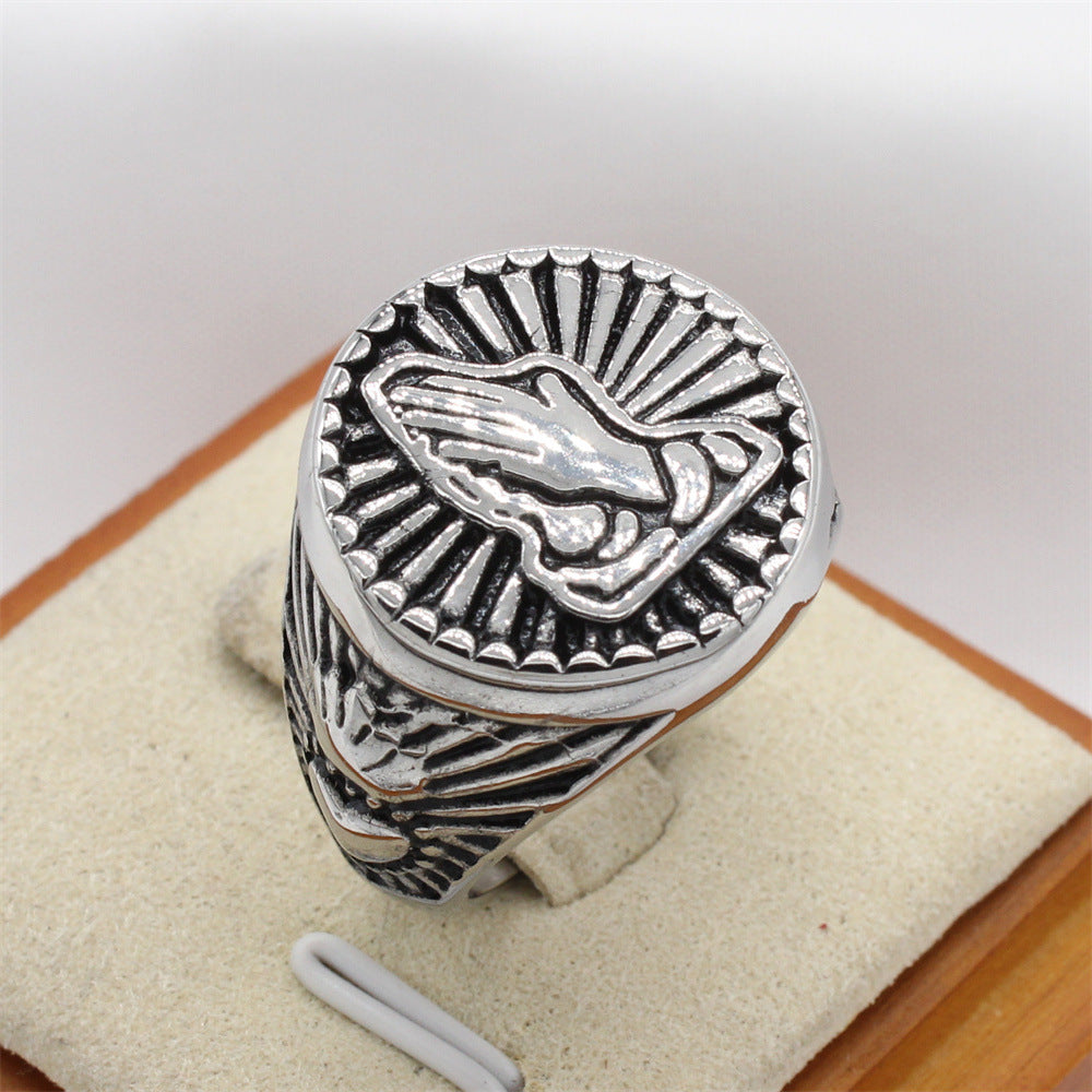 Rustic Prayer Hand Men's Titanium Steel Ring - Wholesale Foreign Trade Jewelry