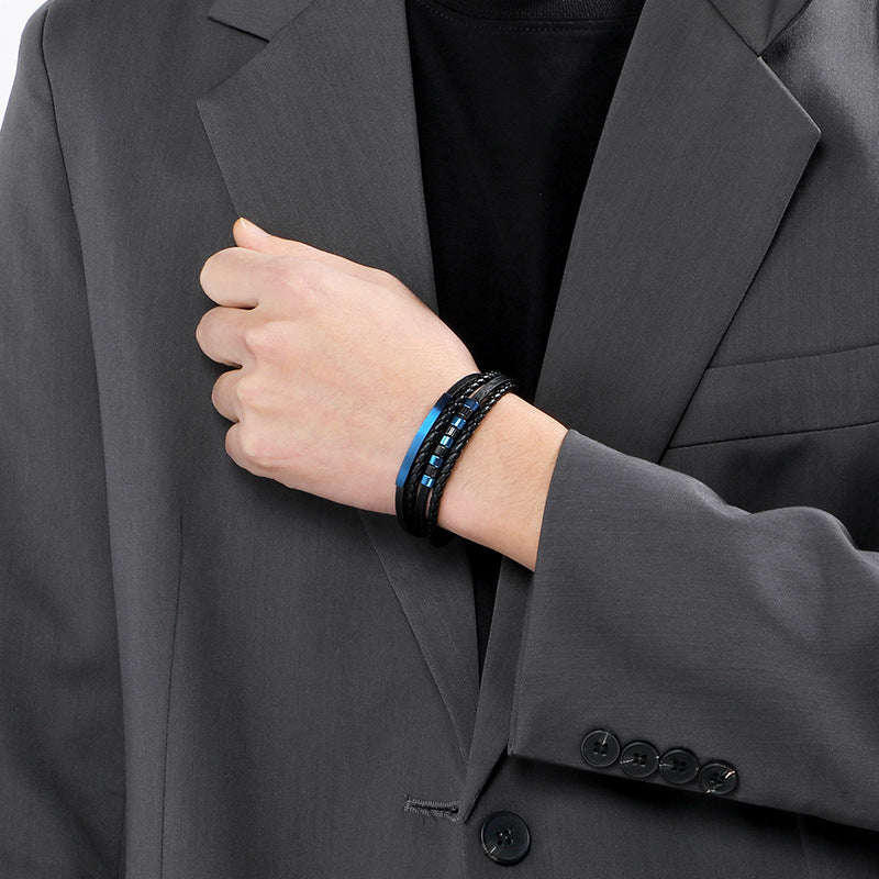 Stainless Steel Black Gold Beaded Leather Cord Bracelet – Multi-Layer Woven Magnetic