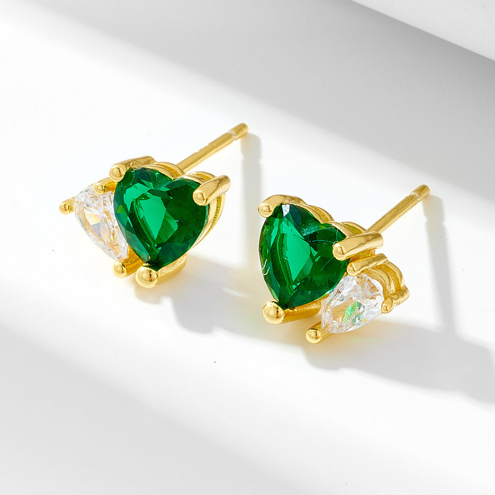 Emerald Heart-Shaped Zircon Sterling Silver Stud Earrings