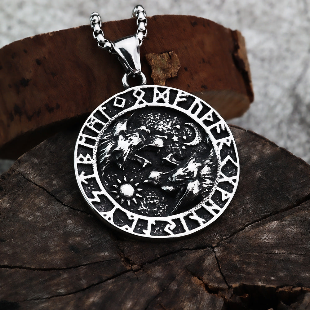 Nordic Vintage Stainless Steel Men's Viking Double Wolf Necklace