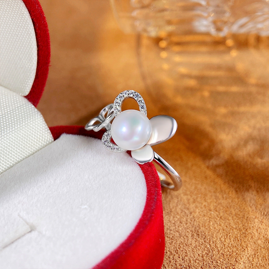 S925 Sterling Silver Freshwater Pearl Butterfly Ring — Adjustable