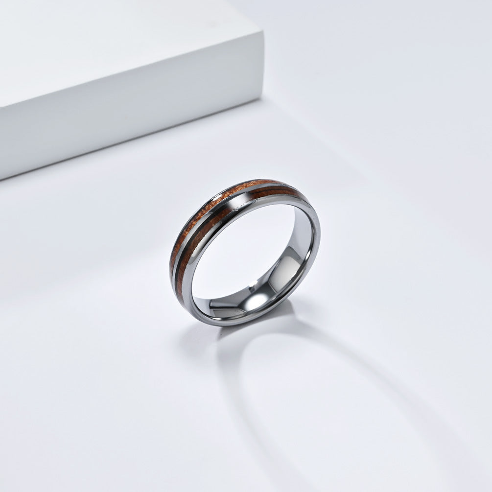 Planderful Tungsten Steel Ring With Parquet Wood Inlay Double Groove Unisex Couple Ring