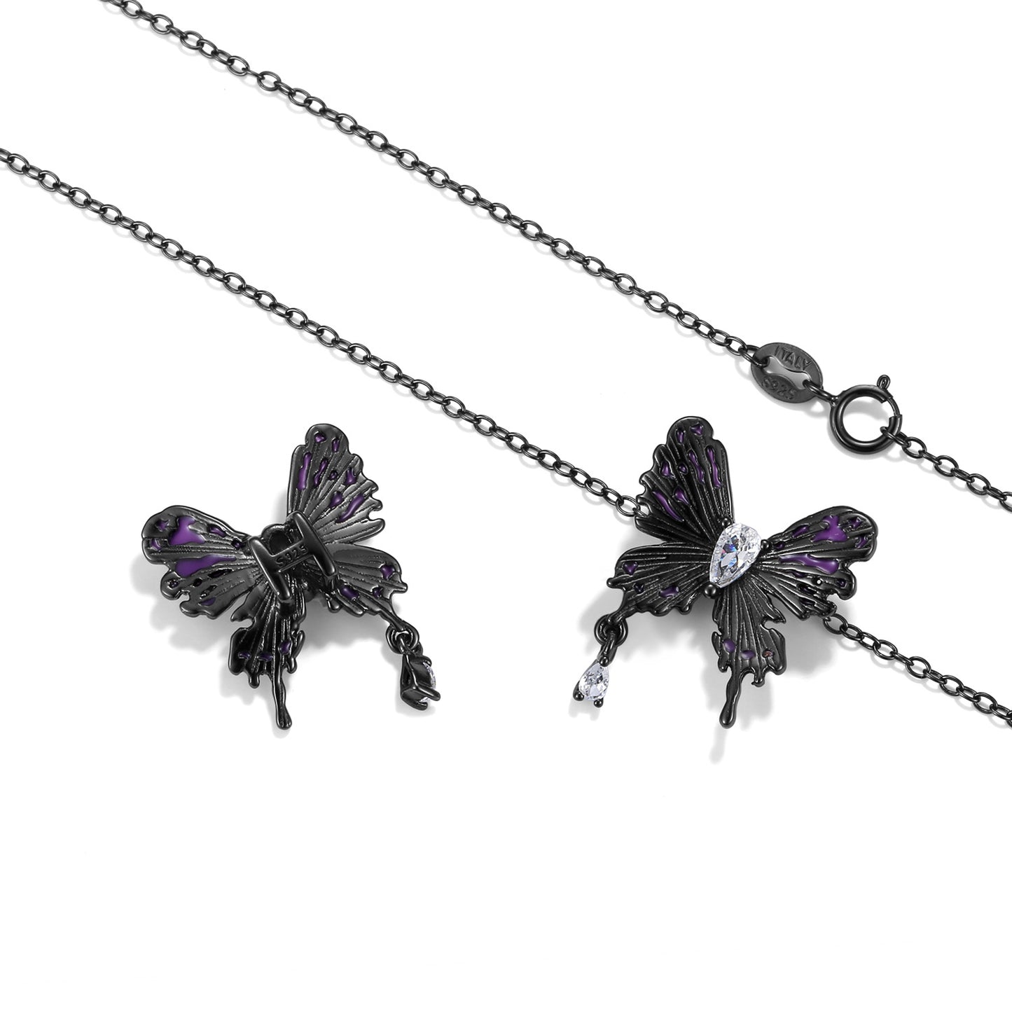 Black Butterfly Pear Shape Zircon Silver Necklace