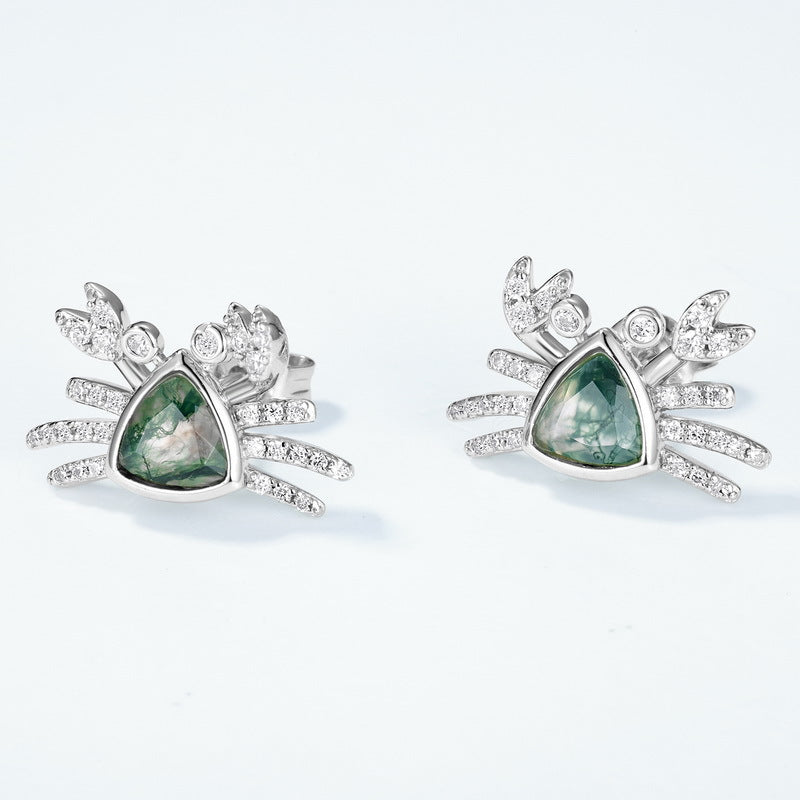 Planderful Jewelry Sterling Silver Crab Stud Earrings With Green Moss Agate Ocean Charm