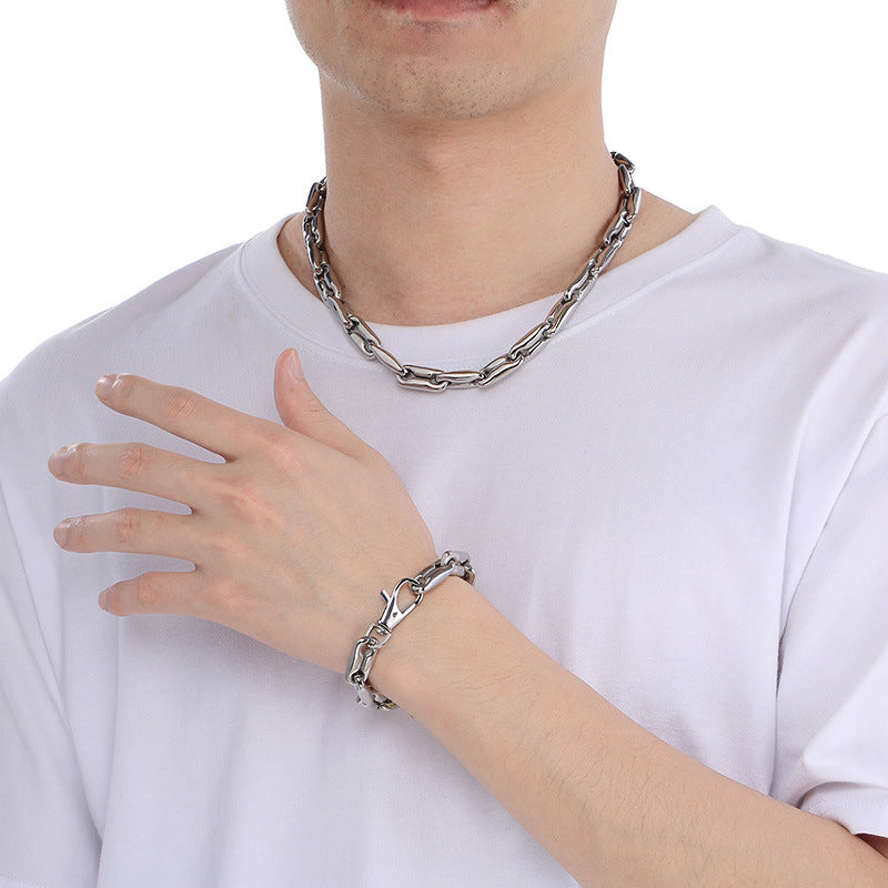 Hip Hop Jewelry Set Titanium Steel Necklace Bracelet Mens