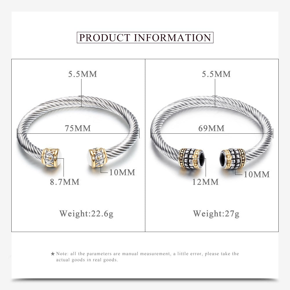 Planderful Everyday Genie Unisex Timeless Two Tone Stainless Steel Bracelet With Twisted Wire Zircon Inlays