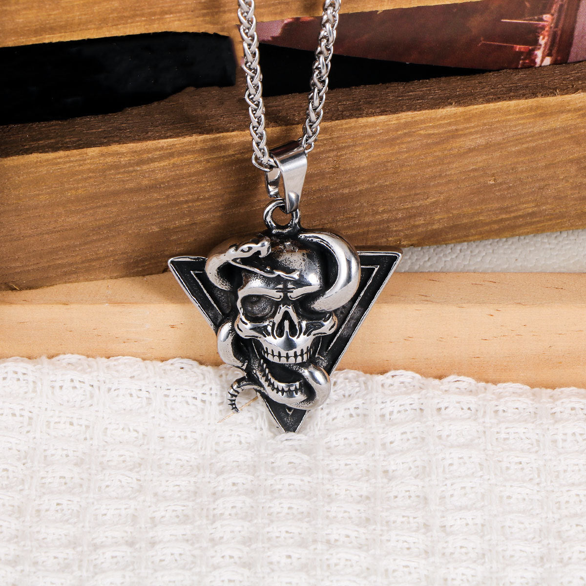 Devil Triangular Viper + Kiss Skull Men's Stainless Steel Necklace Pendant