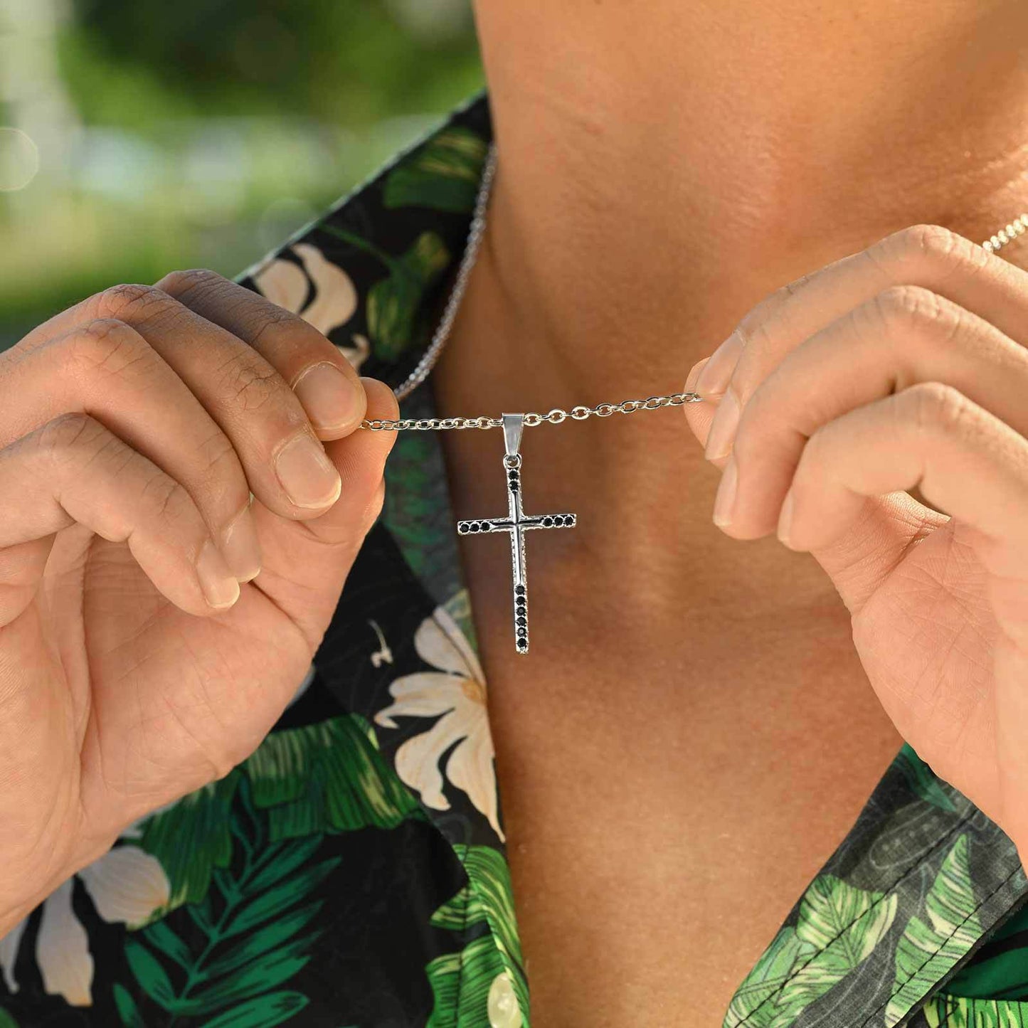 Planderful Stainless Steel Cross Pendant Men Black Zircon
