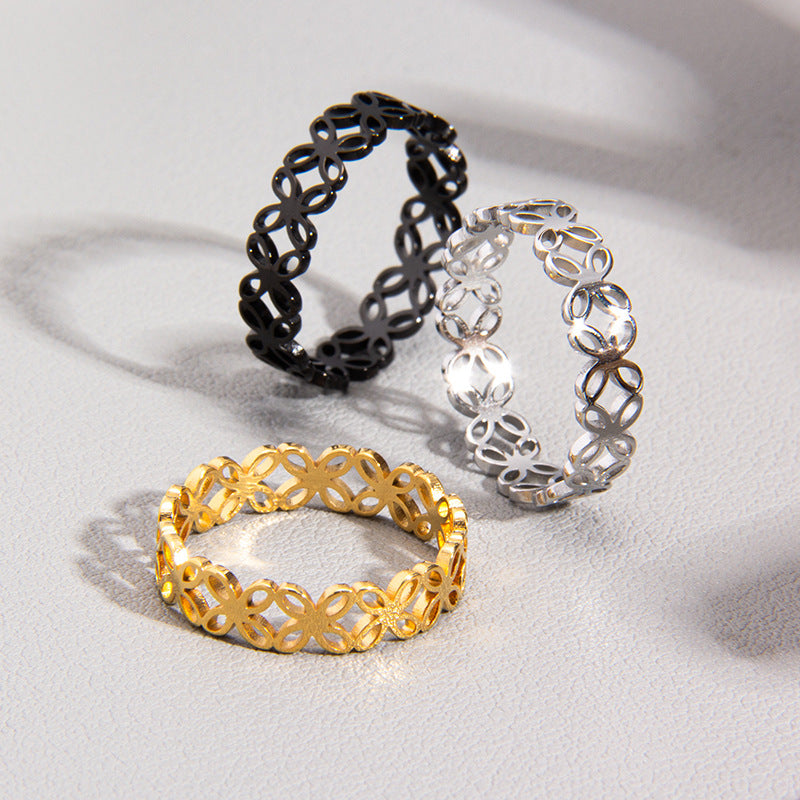 Four-Leaf Flower Hollow Titanium Couples Ring with Laser-Cut Japan & South Korea-Inspired Design