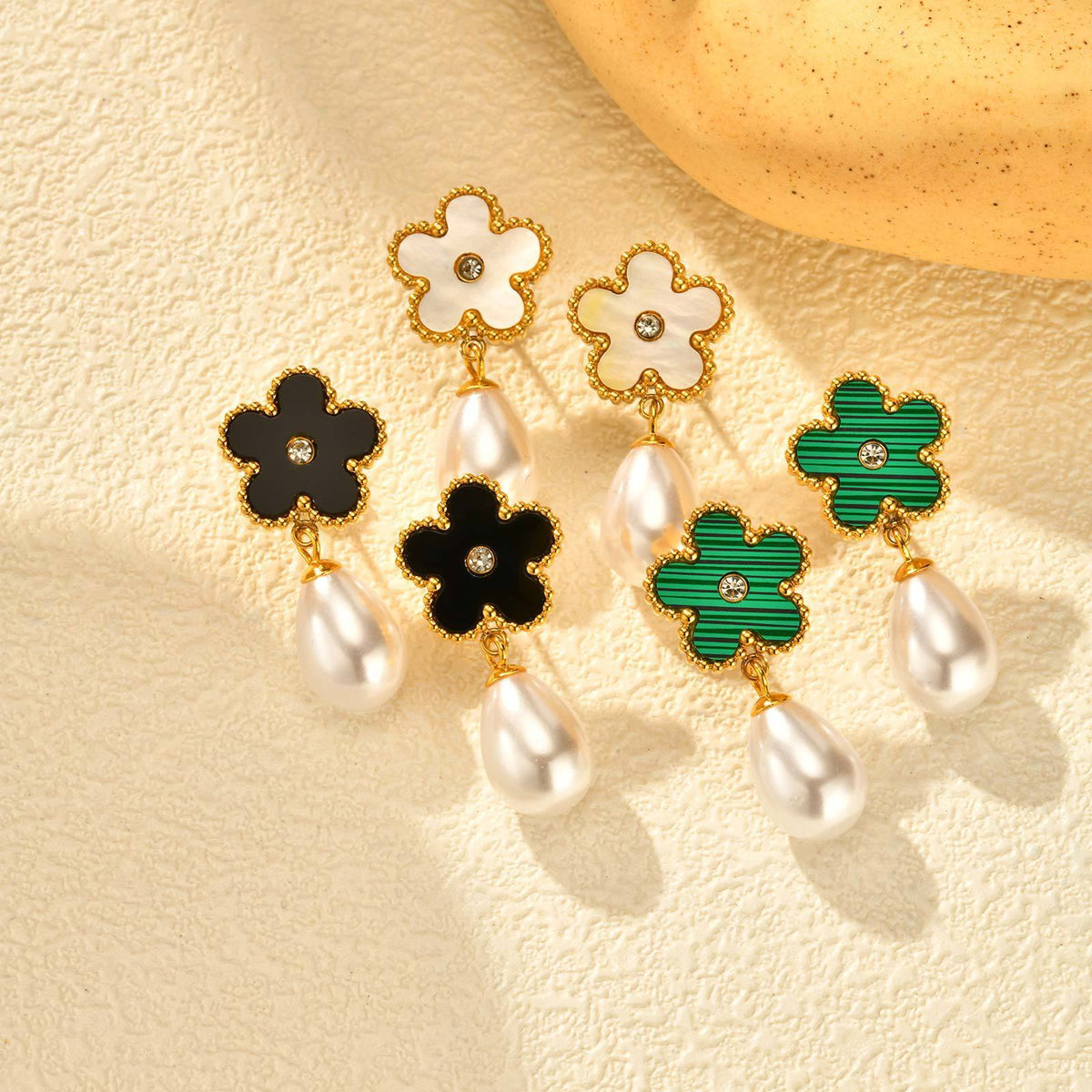 Stainless Steel Zircon Pearl Floral Earrings