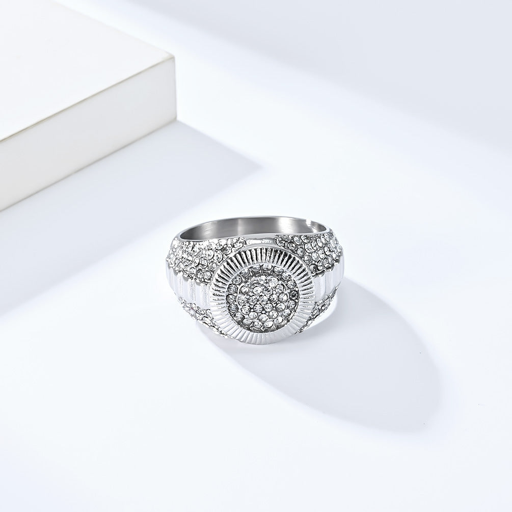Hip-Hop Titanium Steel Ring Plated with 18K Gold for Men