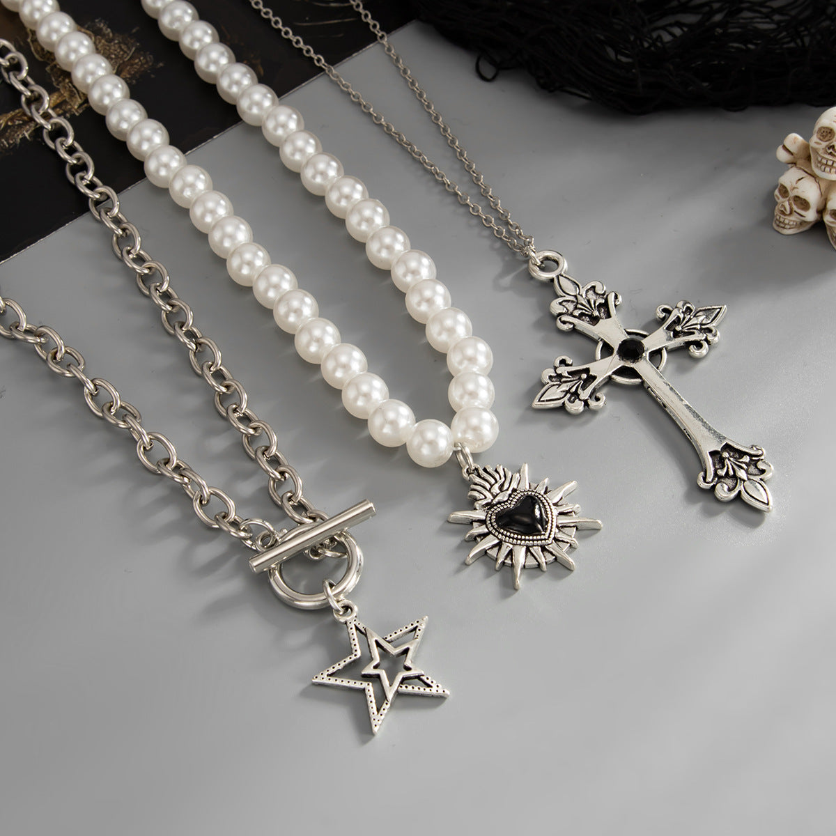 Pearl-Style Star & Cross Layered Necklace