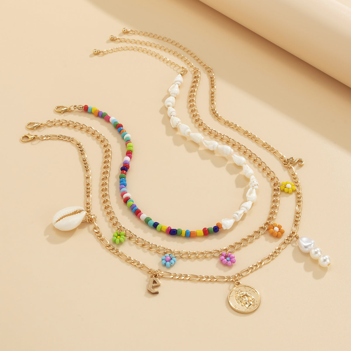 Planderful Vienna Verve Asymmetric Ocean Shell Daisy Fringed Necklace For Women Beaded Statement Necklace