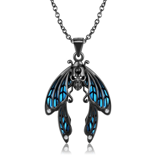 Halloween Blue Skull Cicada Pendant Silver Necklace
