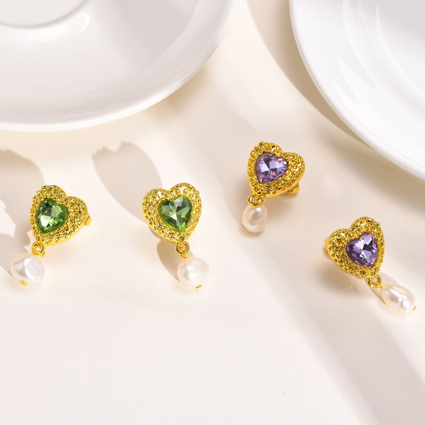 Earrings Heart-Shaped Green Zircon Love Purple Zircon Style