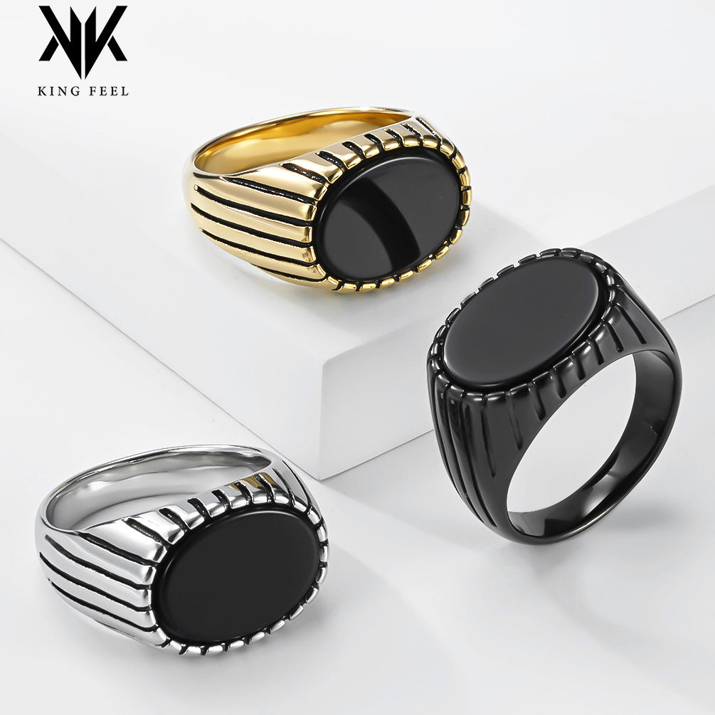 Men's Stainless Steel Black Gemstone Ring