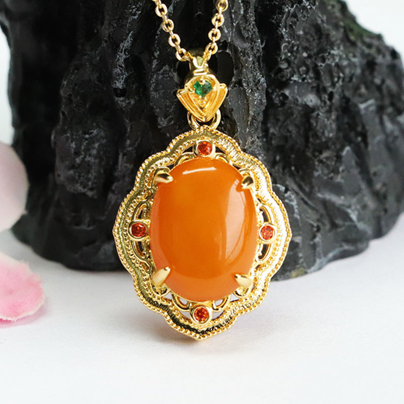 Vintage Zircon Engraved Amber Pendant with Sterling Silver Chain