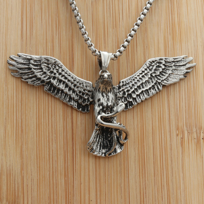 Personalized Retro Punk Titanium Steel Eagle Pendant Necklace for Men - Trendy Snake Catcher Design