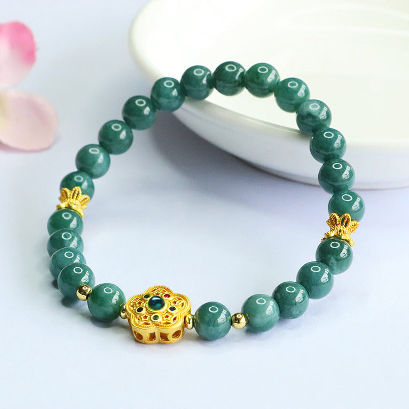 Blue Water Jadeite Five-Petal Flower Beaded Bracelet